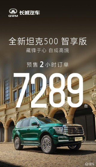 全新坦克500预售2小时订单7289台 预售价36万元起