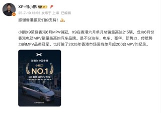 小鹏X9 6月香港销量215辆 成为6月香港电动MPV销量冠军