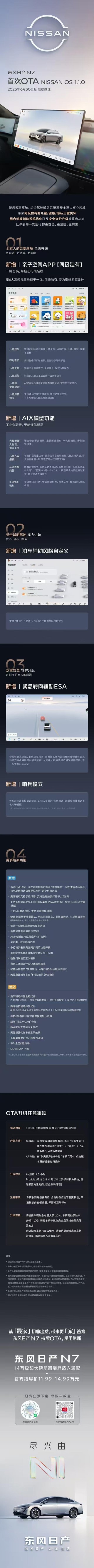 东风日产N7开启首次OTA升级 新增AI大模型等功能