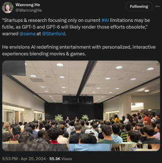 奥特曼斯坦福演讲：专注当前AI局限性没用，GPT-5让一切努力过时_1