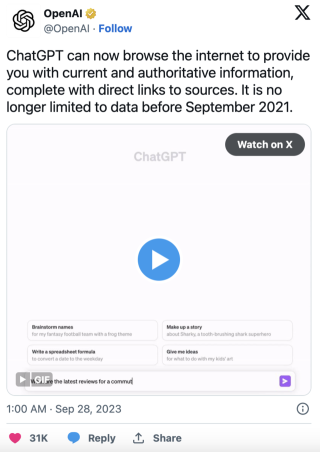 Open AI解开“缚龙索”：ChatGPT能联网了！