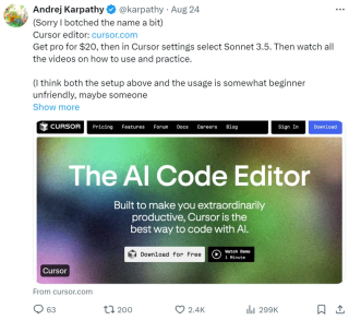 Karpathy狂赞AI代码神器Cursor，直言回不到3年前无辅助编码了，却被指「带货」