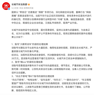 长城汽车法务部通报近期多起网络侵权案件处理结果