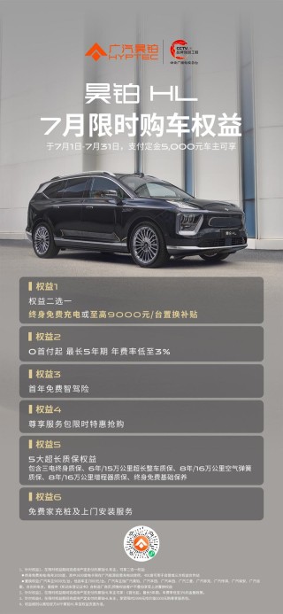 昊铂HL推7月限时购车权益 享6大超值权益