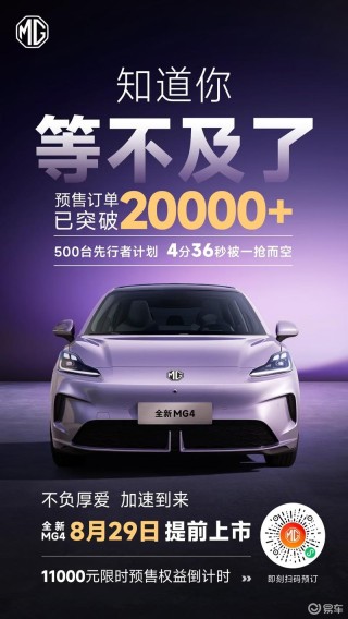 全新MG4预售订单突破2万台 将于8月29日正式上市