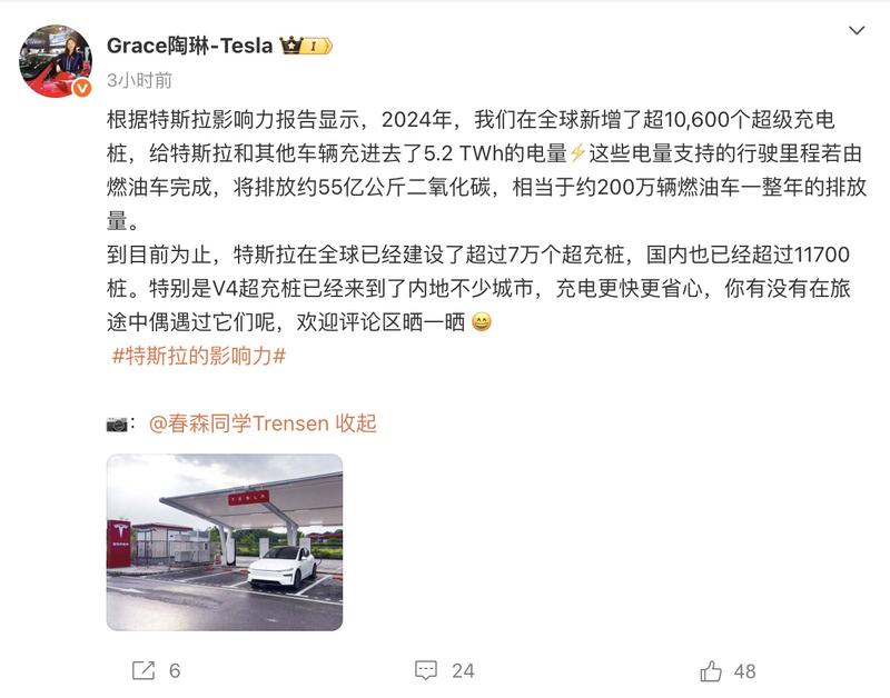 陶琳：特斯拉在全球已经建设超7万个超充桩 国内超11700个  第2张