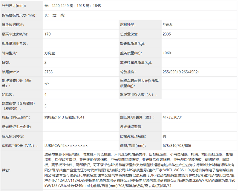iCAR V23新车型申报图 双电机版综合功率335千瓦  第3张