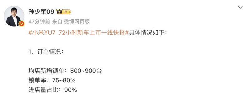 博主发布小米YU7上市72小时一线快报 锁单率75-80%  第2张