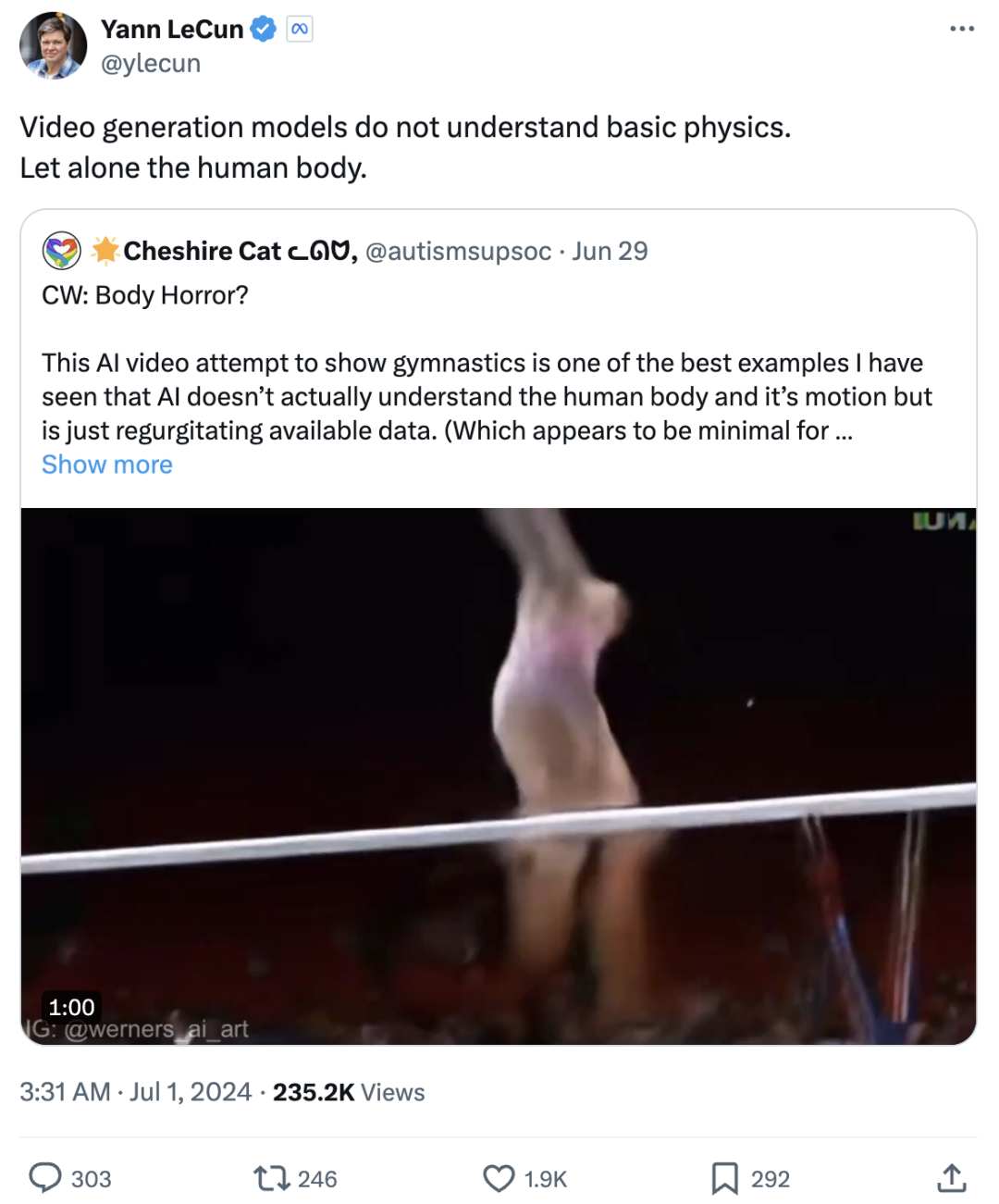 AI恐怖体操视频腿脚乱飞、大变活人，LeCun：视频生成模型根本不懂物理  第3张