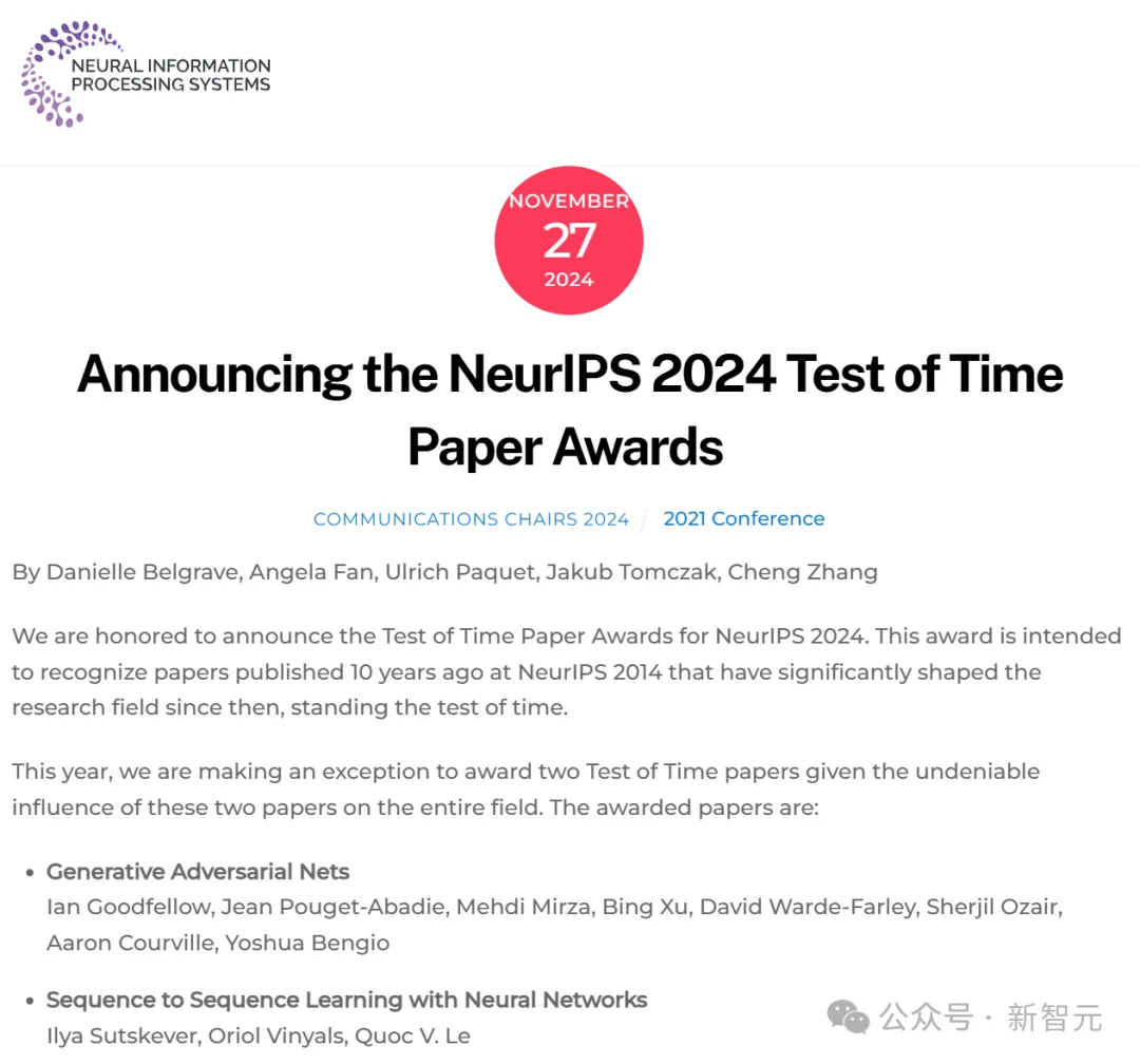 十年再登巅峰！刚刚，Ilya和GAN之父斩获NeurIPS 2024时间检验奖  第1张