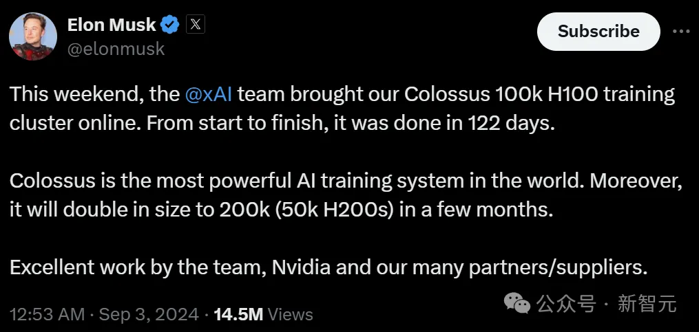 全球最大，马斯克4个月建成10万张H100超算集群！xAI算力超越OpenAI，奥特曼怕了  第1张