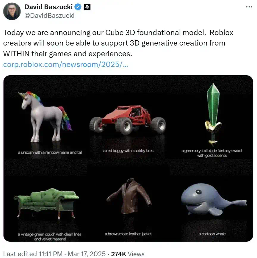 Roblox发布3D智能基础模型Cube，一句话生成游戏资产  第1张