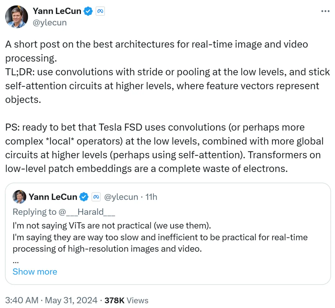 Yann LeCun：ViT慢且效率低，实时图像处理还得看卷积  第6张