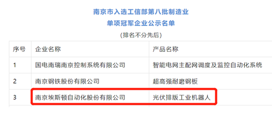 埃斯顿“光伏排版工业机器人”入选工信部第八批制造业单项冠军企业名单  第1张